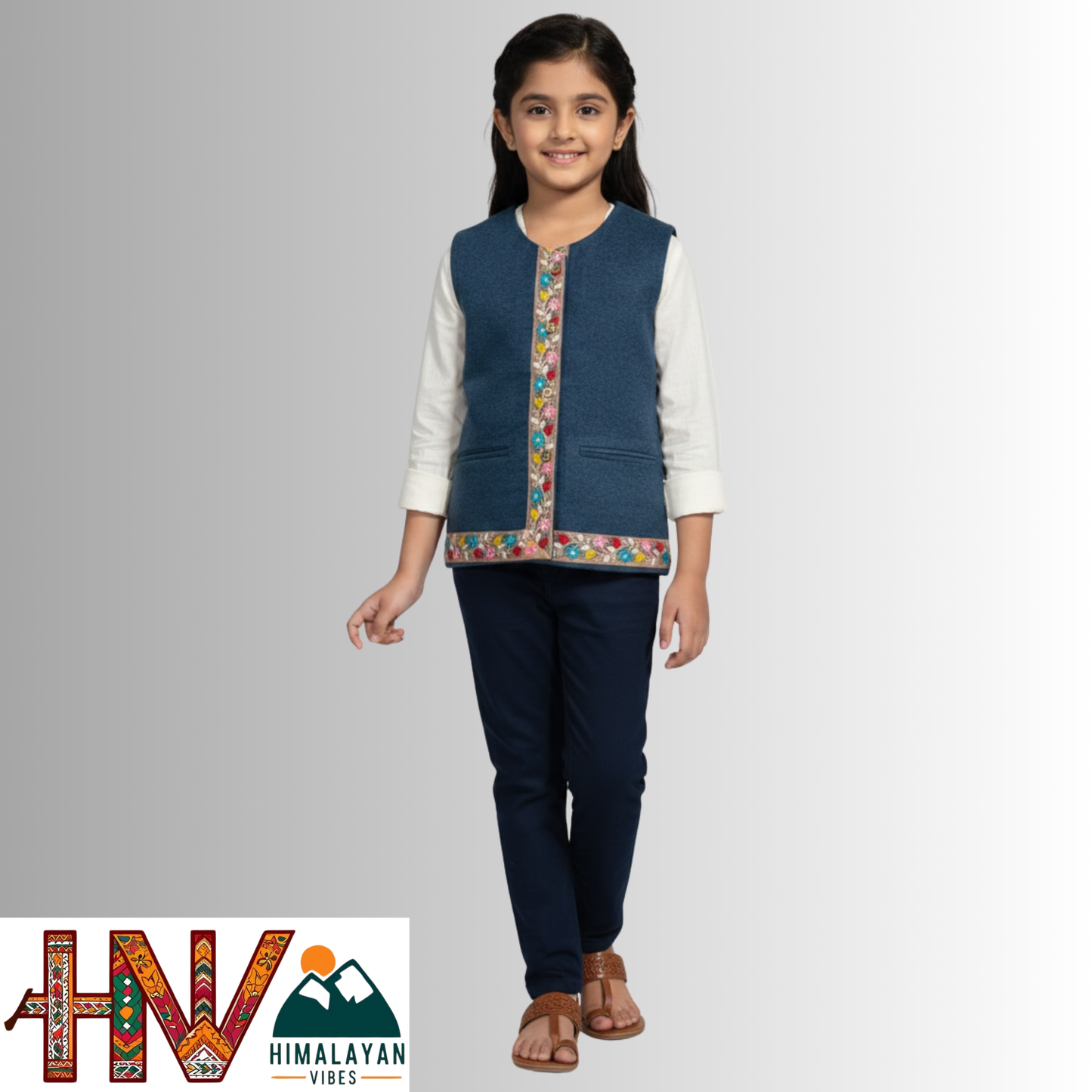 Girls Sleeveless Navy Blue Woolen Sadri Jacket in Martin Fabric – Himachali Handcrafted Ethnic Wear with Colorful Floral Embroidery