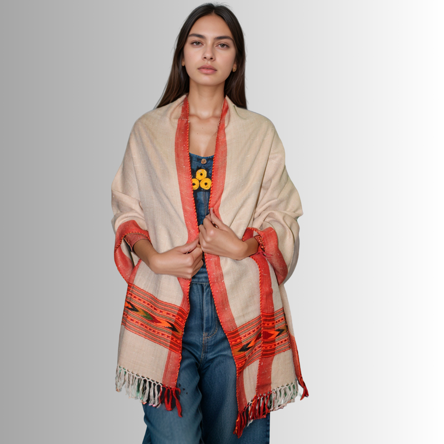 Handwoven Himalayan Light Caramel Wool Stole – Red & Orange Striped with Geometric Motif Border By Himalayan Vibes