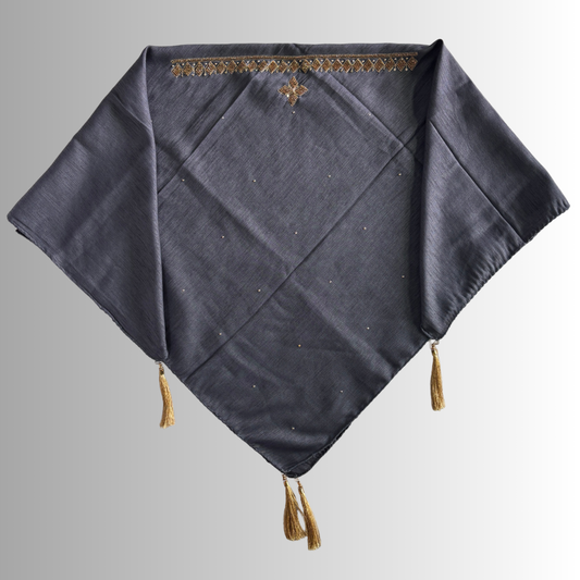 Handcrafted Himachali Dark Slate Gray Dhatu with Golden Embroidery – A Unique Embroidered Head Scarf