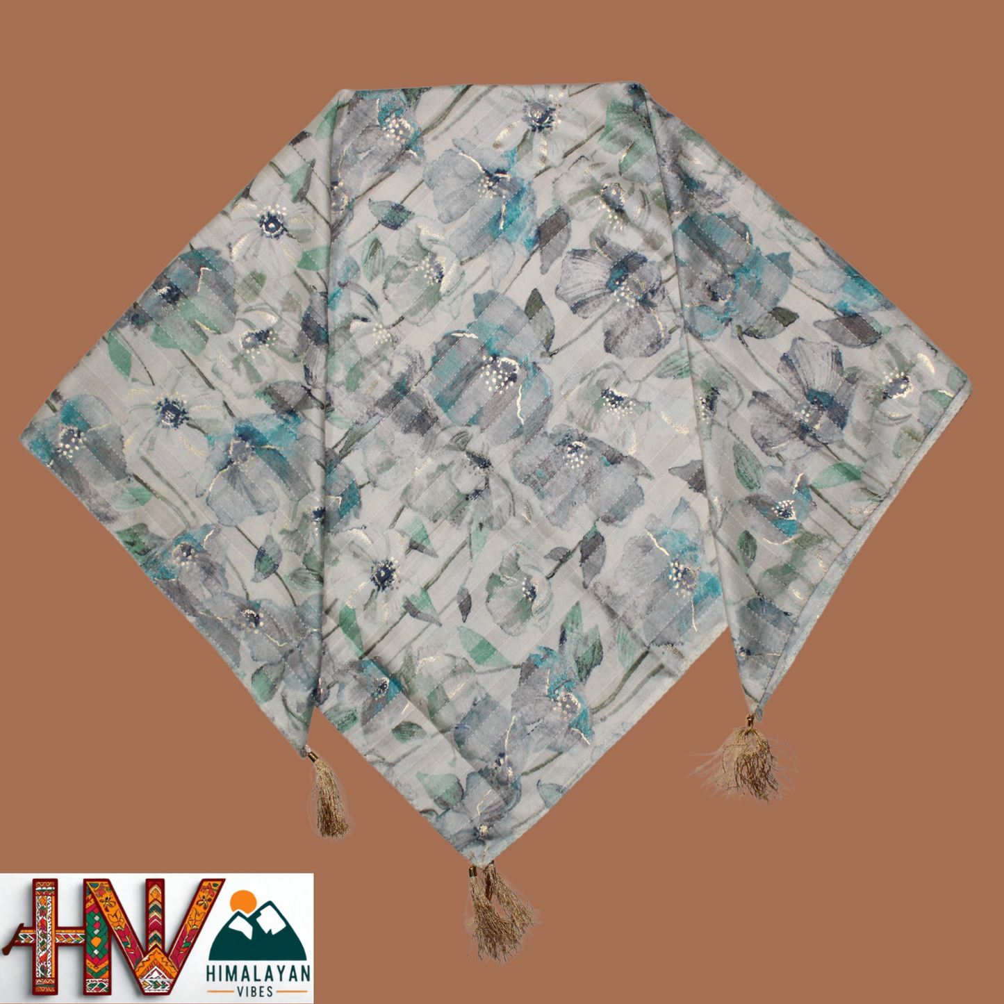 Rayon Cream Color Himachali Dhatu with Grey Print  - Handcrafted Traditional Head Scarf from Himalayas