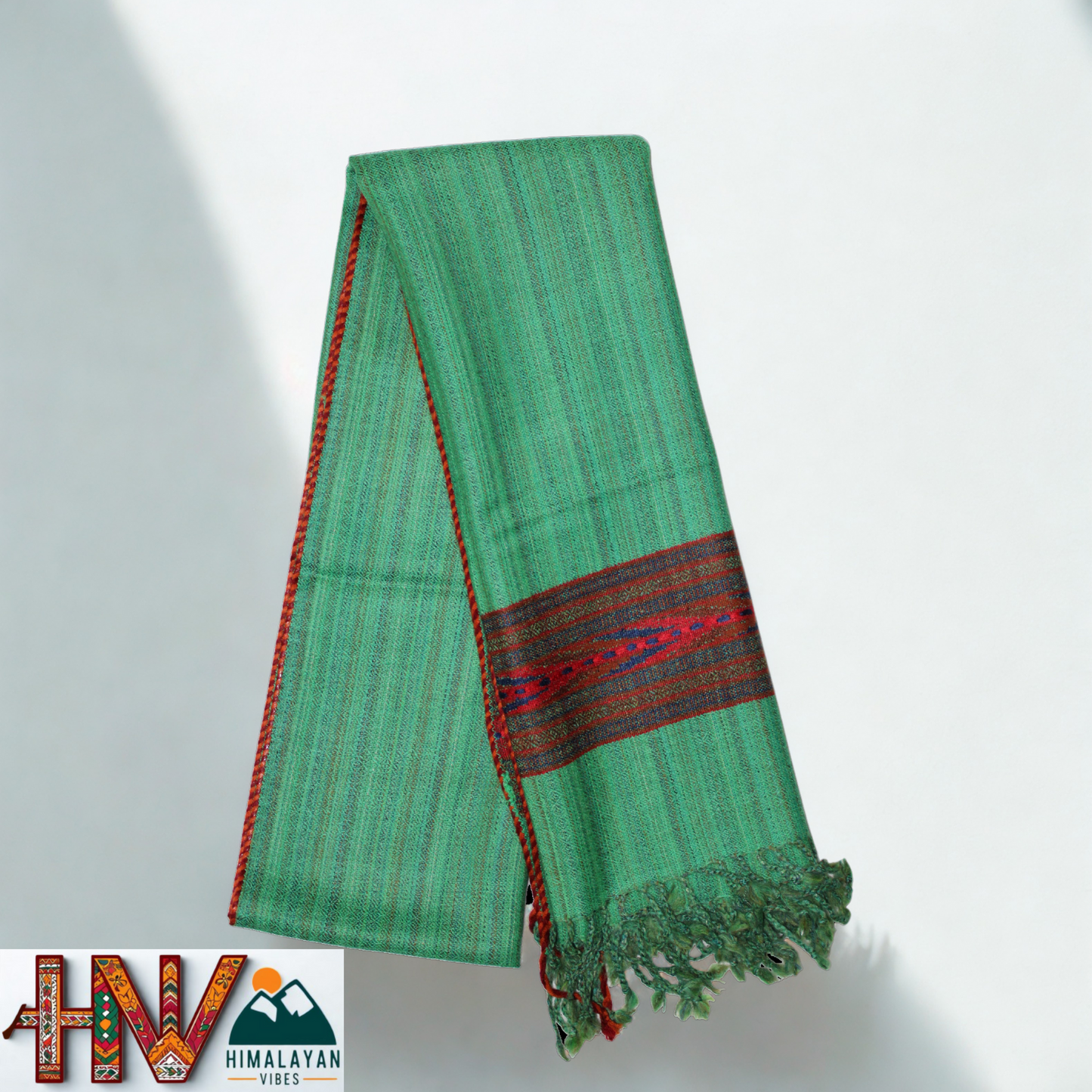 Handwoven Himalayan Green Wool Stole – Red & Blue Striped with Geometric Motif Border