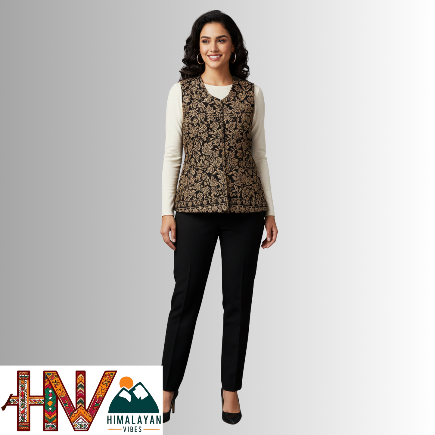 Women Shawl Black Color Himachali Sadri with floral pattern – Traditional Waistcoat by Himalayan Vibes