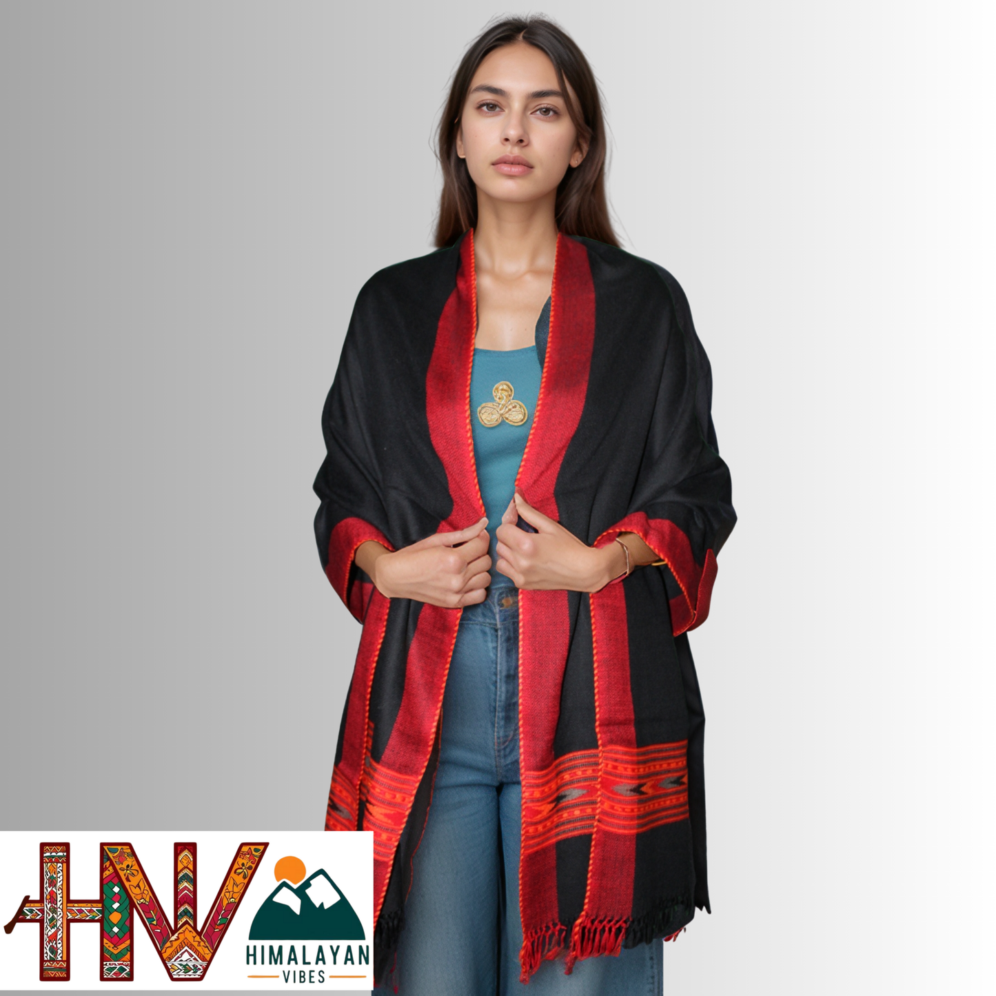 Handwoven Black Kullu Woolen Stole with Traditional Kullu Patti Design in Vibrant Red Border– Handwoven Elegance By Himalayan Vibes