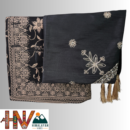 Himalayan Vibes black pashmina Blend sadri & Black Brocade embroidered Dhatu Combo