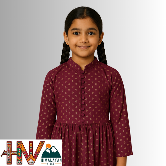 Himalayan Vibes Wine Color Rejta For Kids – Traditional Himachali Dress for Summer & Winter | Handcrafted Elegance