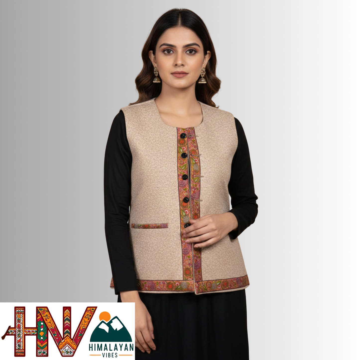 Himachali Cream Sadri with embroidered Lace for Women - Martin Fabric Ethnic Half Jacket with Pockets