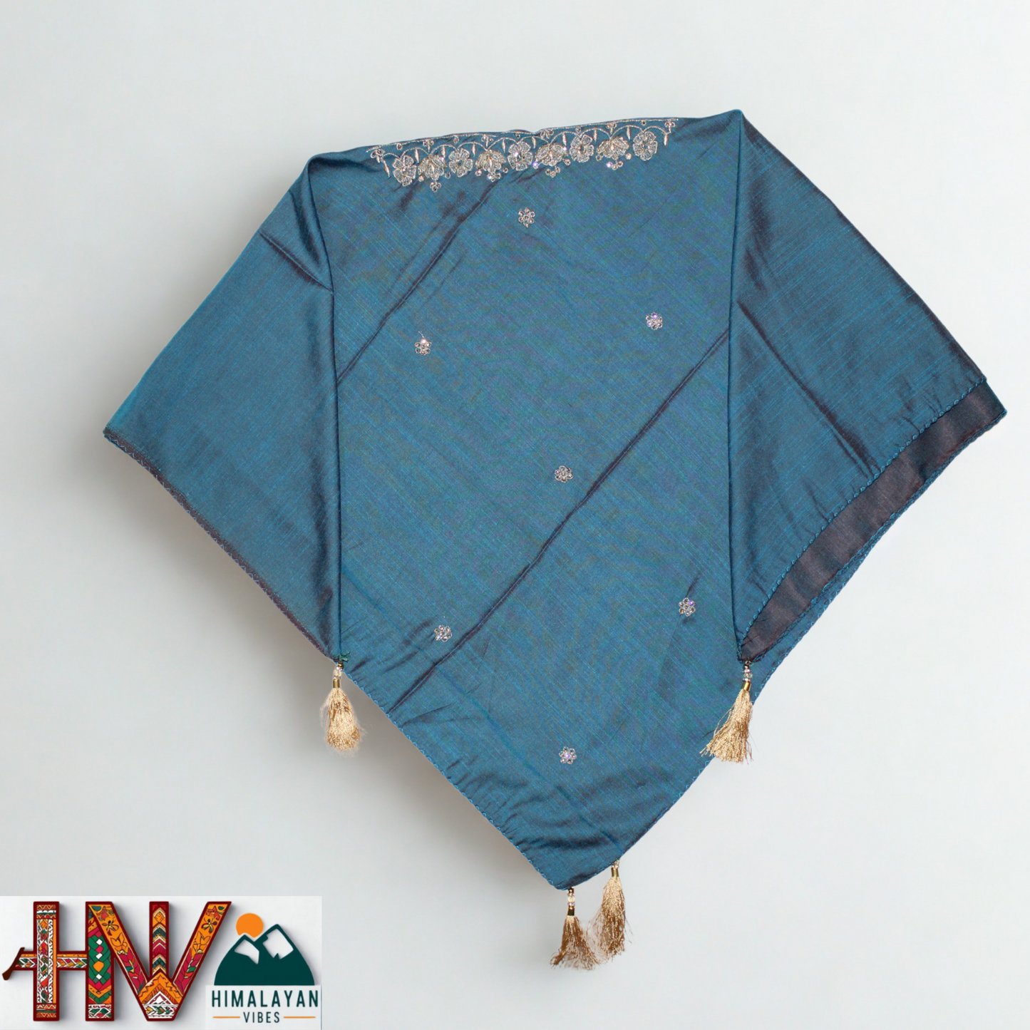 Handcrafted Himachali Teal Blue Dhatu with Gold Embroidery – A Unique Embroidered Head Scarf
