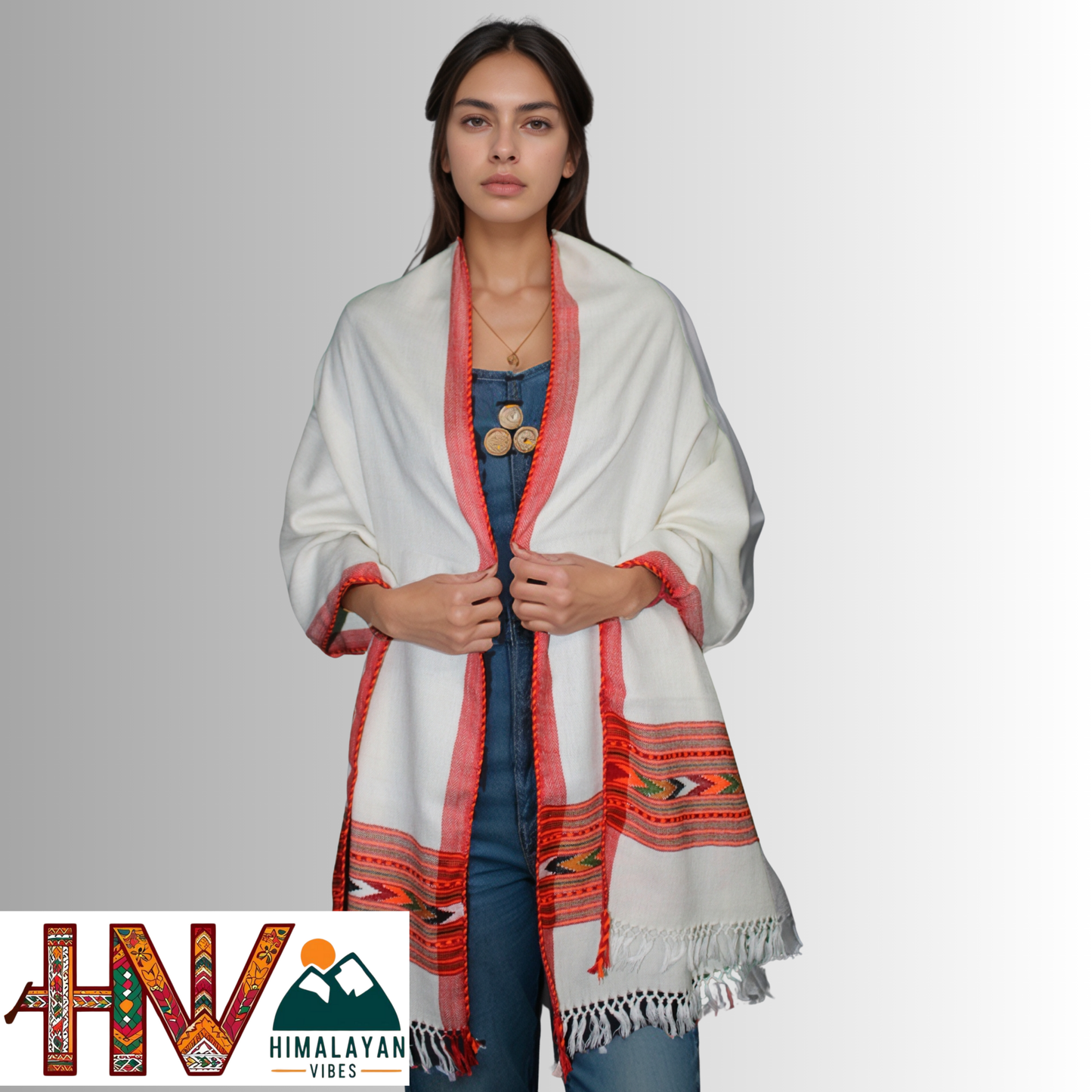 Handwoven Off-White Kullu Woolen Stole with Traditional Kullu Patti Design and Red Border– Handwoven Elegance By Himalayan Vibes