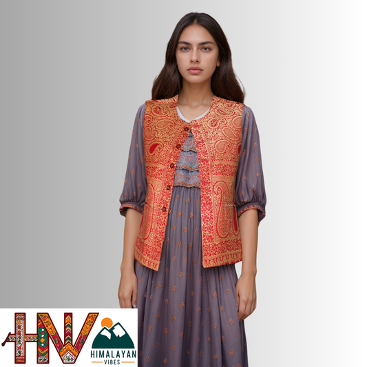 Women Pashmina Blend Red Color Himachali Sadri with Floral pattern – Traditional Waistcoat by Himalayan Vibes