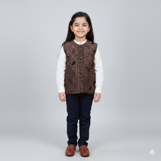 Kids Shawl Black Color Himachali Sadri with Dense floral pattern – Traditional Waistcoat by Himalayan Vibes