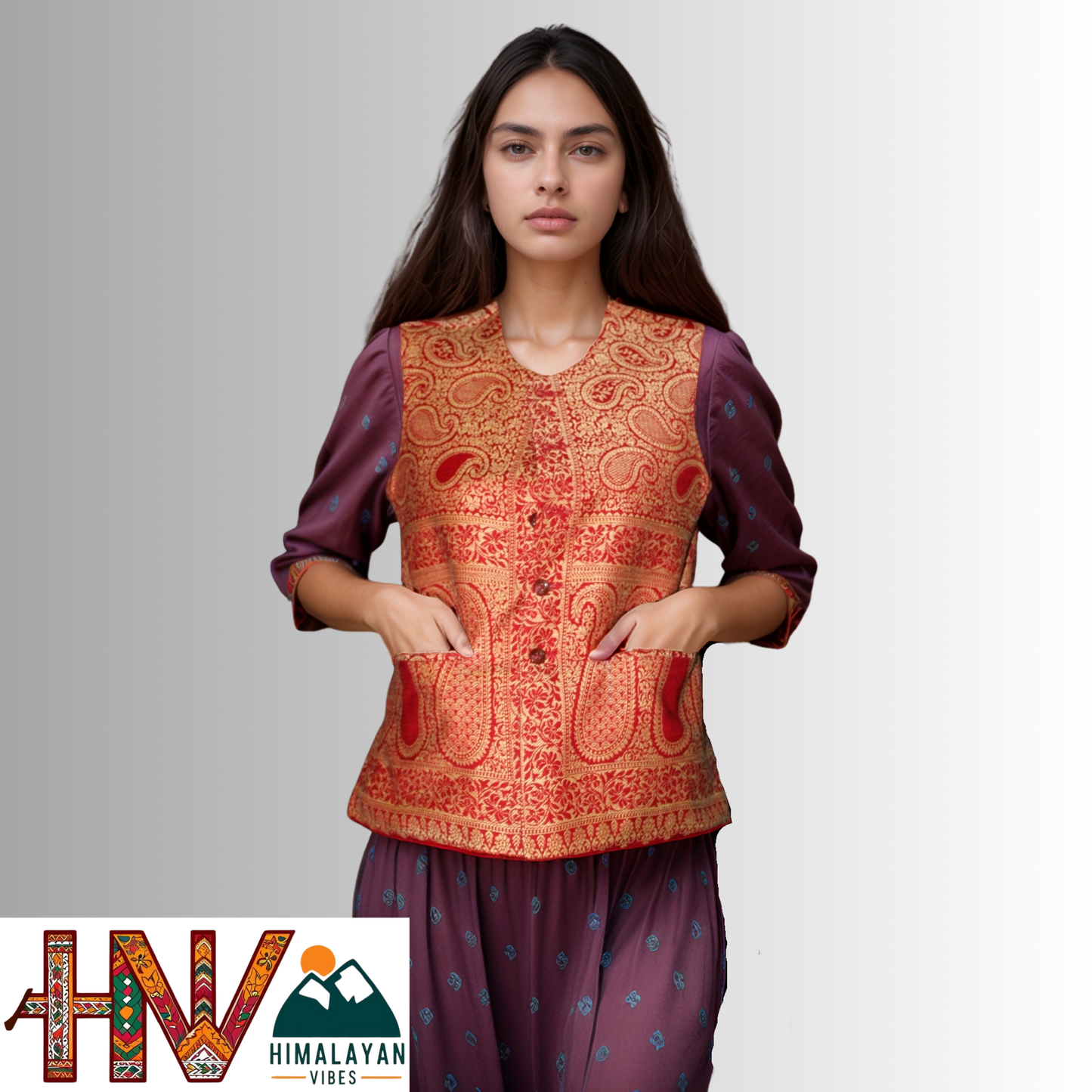 Women Pashmina Blend Red Color Himachali Sadri with Floral pattern – Traditional Waistcoat by Himalayan Vibes