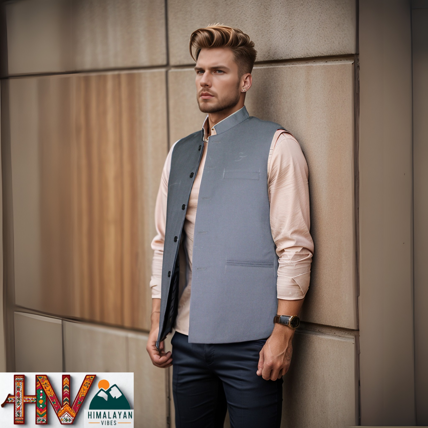 Himalayan Breeze Light Blue Grey Sleeveless Jacket – Traditional Craft, Modern Style