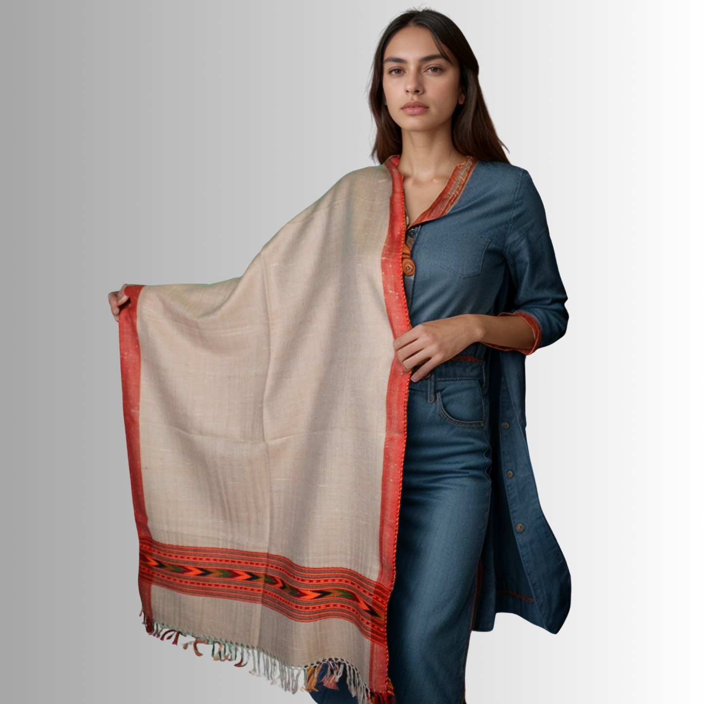 Handwoven Himalayan Light Caramel Wool Stole – Red & Orange Striped with Geometric Motif Border By Himalayan Vibes