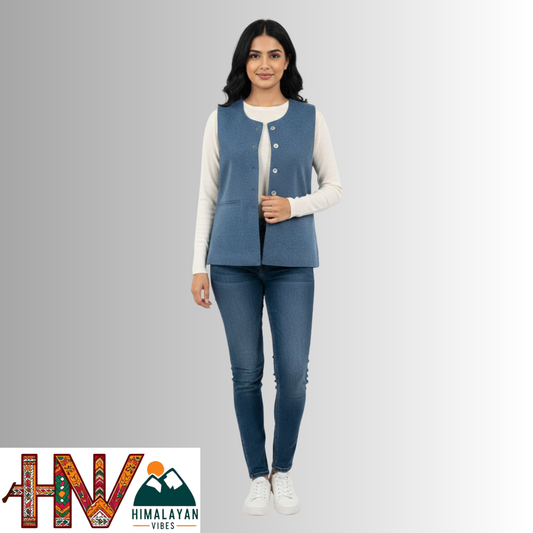 Himachali Plain Blue Sadri  for Women - Martin Fabric Ethnic Half Jacket with Pockets