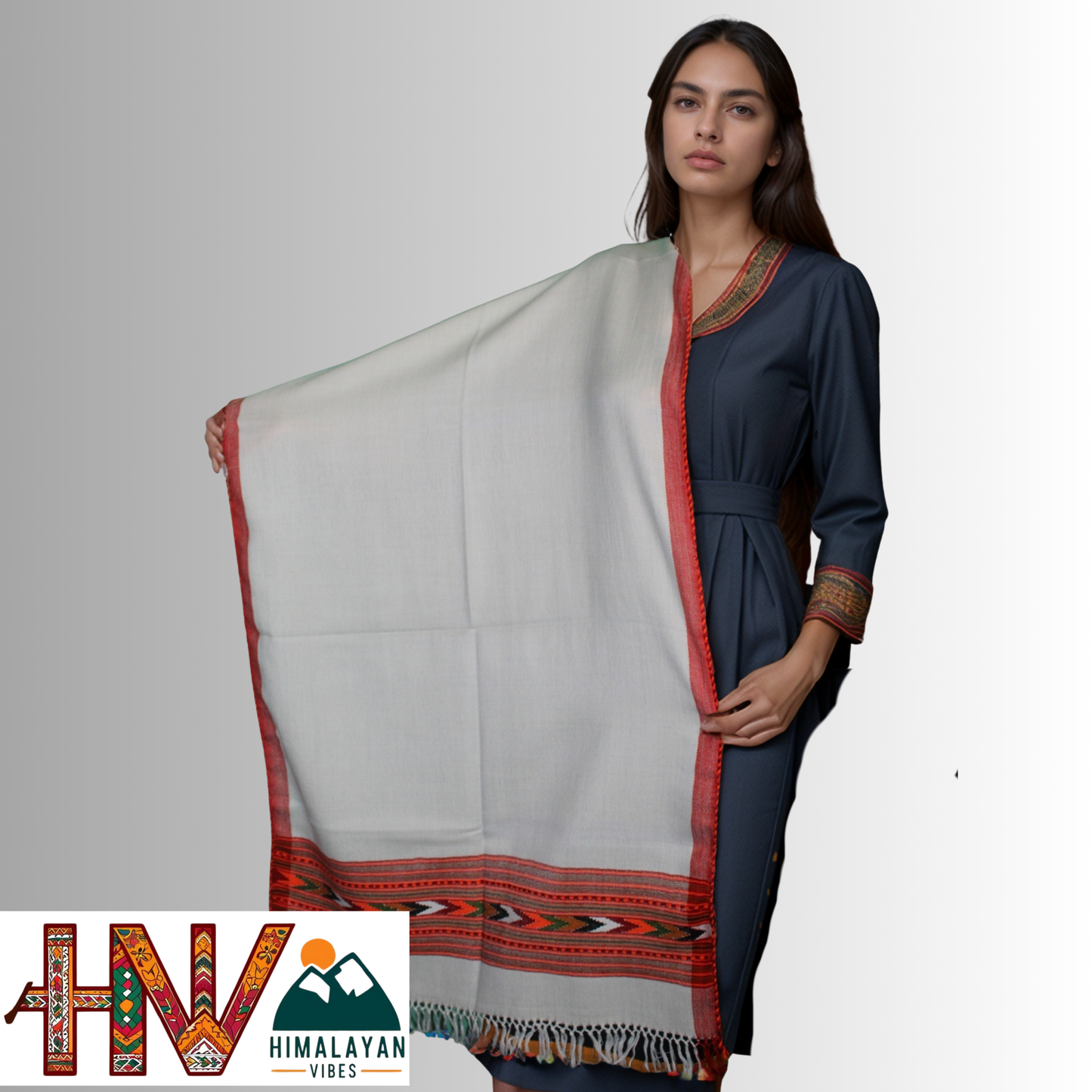 Handwoven Off-White Kullu Woolen Stole with Traditional Kullu Patti Design and Red Border– Handwoven Elegance By Himalayan Vibes