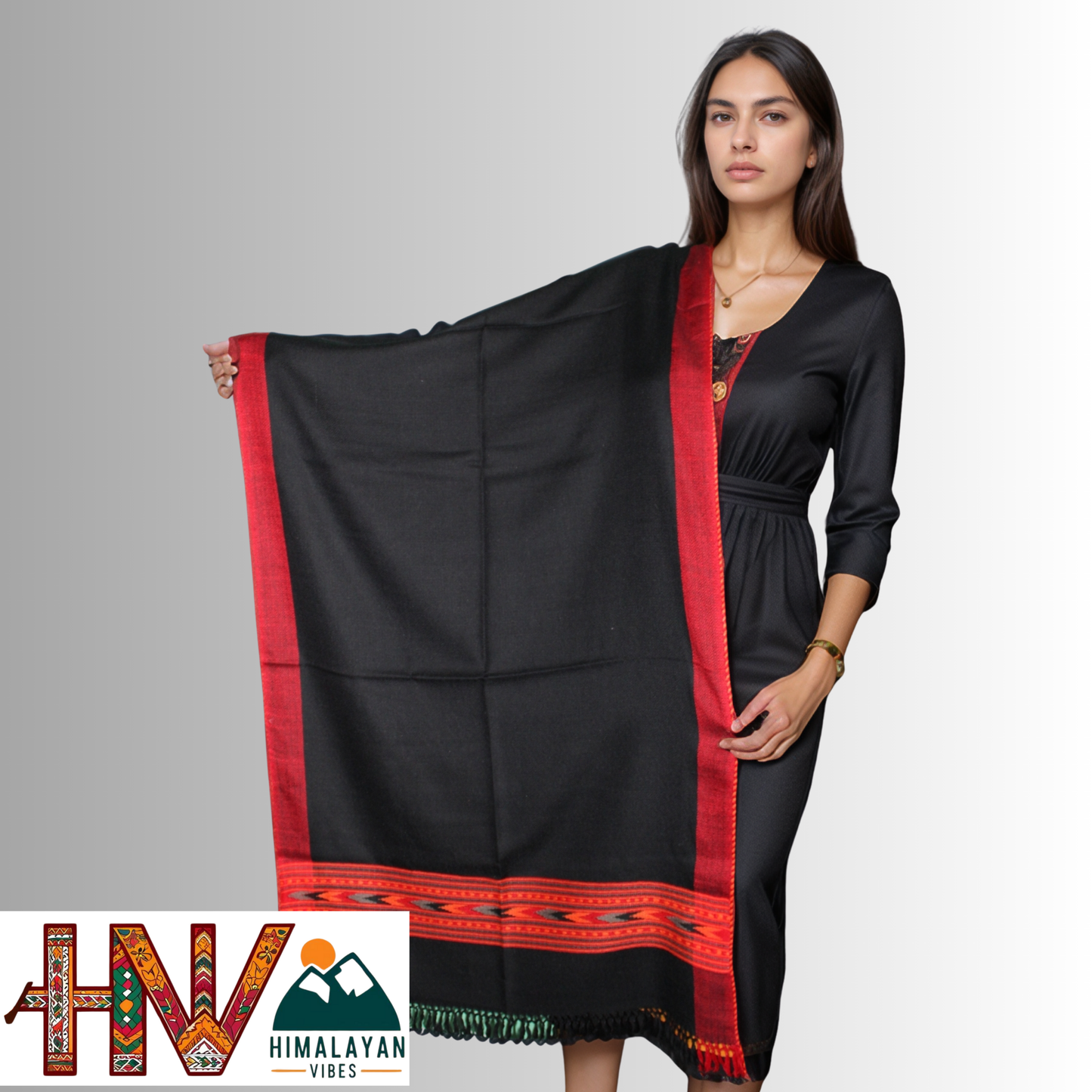 Handwoven Black Kullu Woolen Stole with Traditional Kullu Patti Design in Vibrant Red Border– Handwoven Elegance By Himalayan Vibes