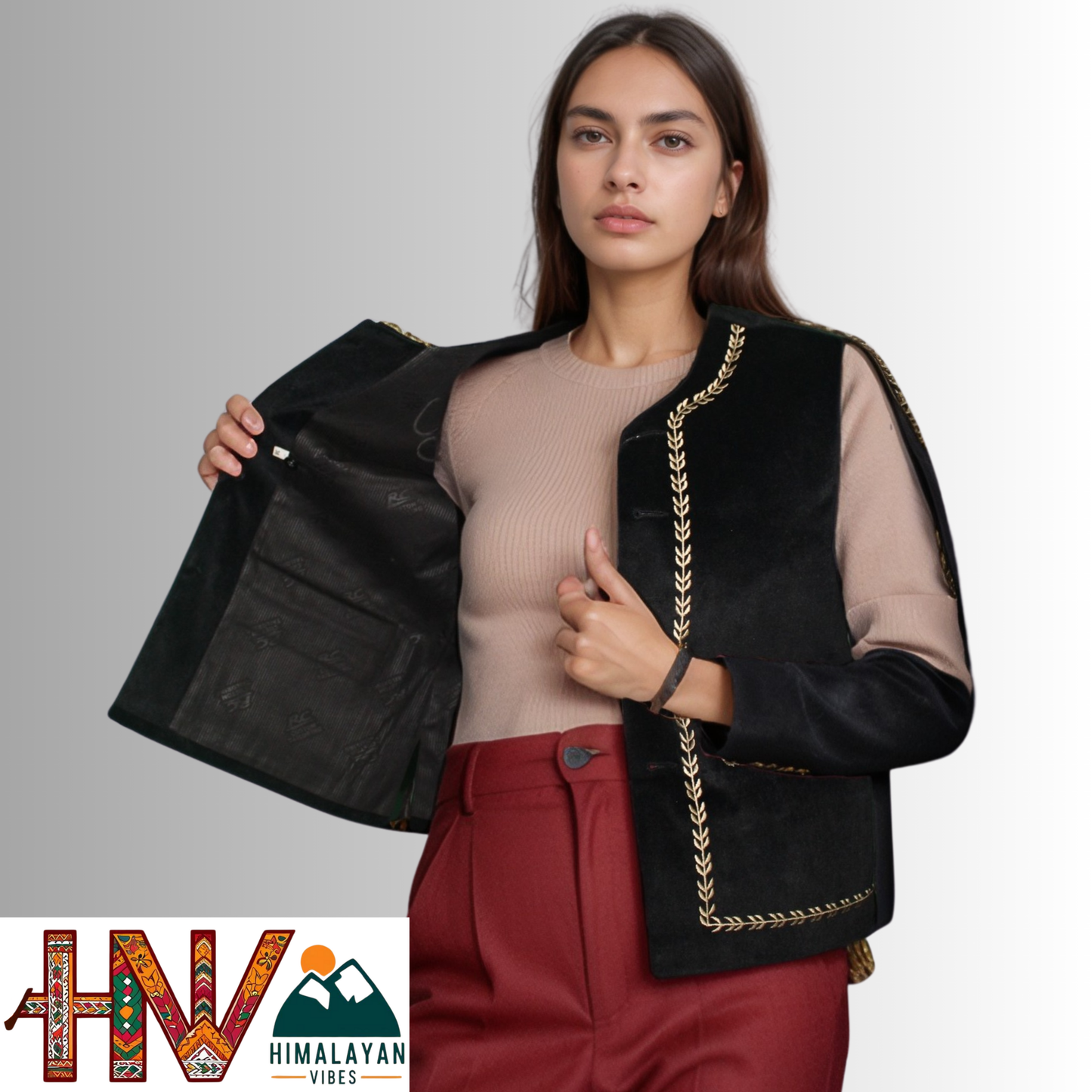 Handcrafted-Simple Embroidered Black Himachali Sadri (Jacket) for Women - Martin Fabric Ethnic Half Jacket with Pockets