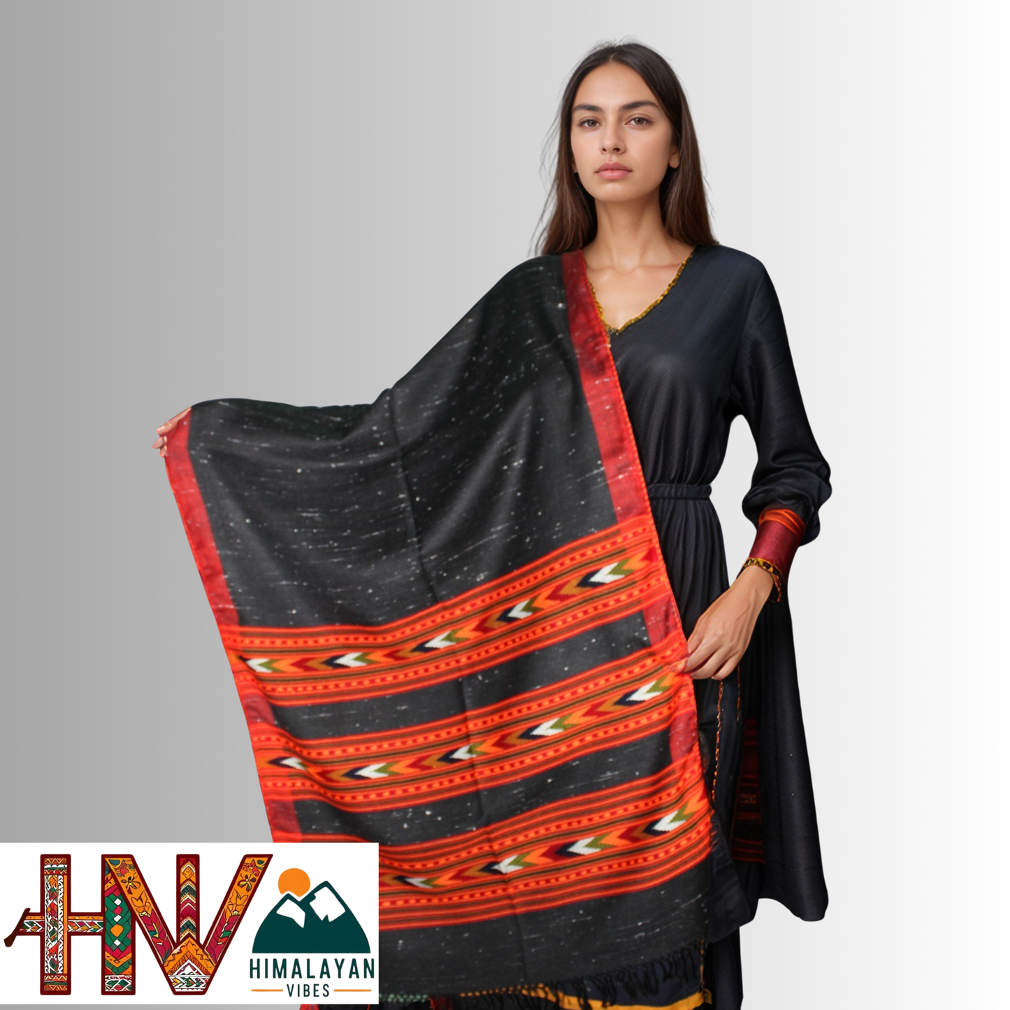 Handwoven black Kullu Woolen Stole with Traditional Kullu 3 Patti Design in Vibrant Red Border– Handwoven Elegance By Himalayan Vibes