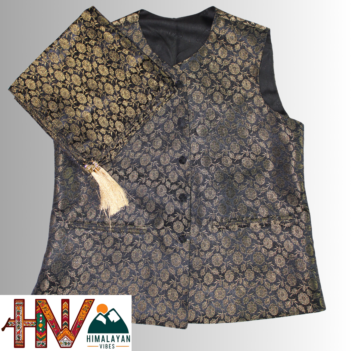 Himalayan Vibes Black Brocade Sadri and Dhatu Combo.