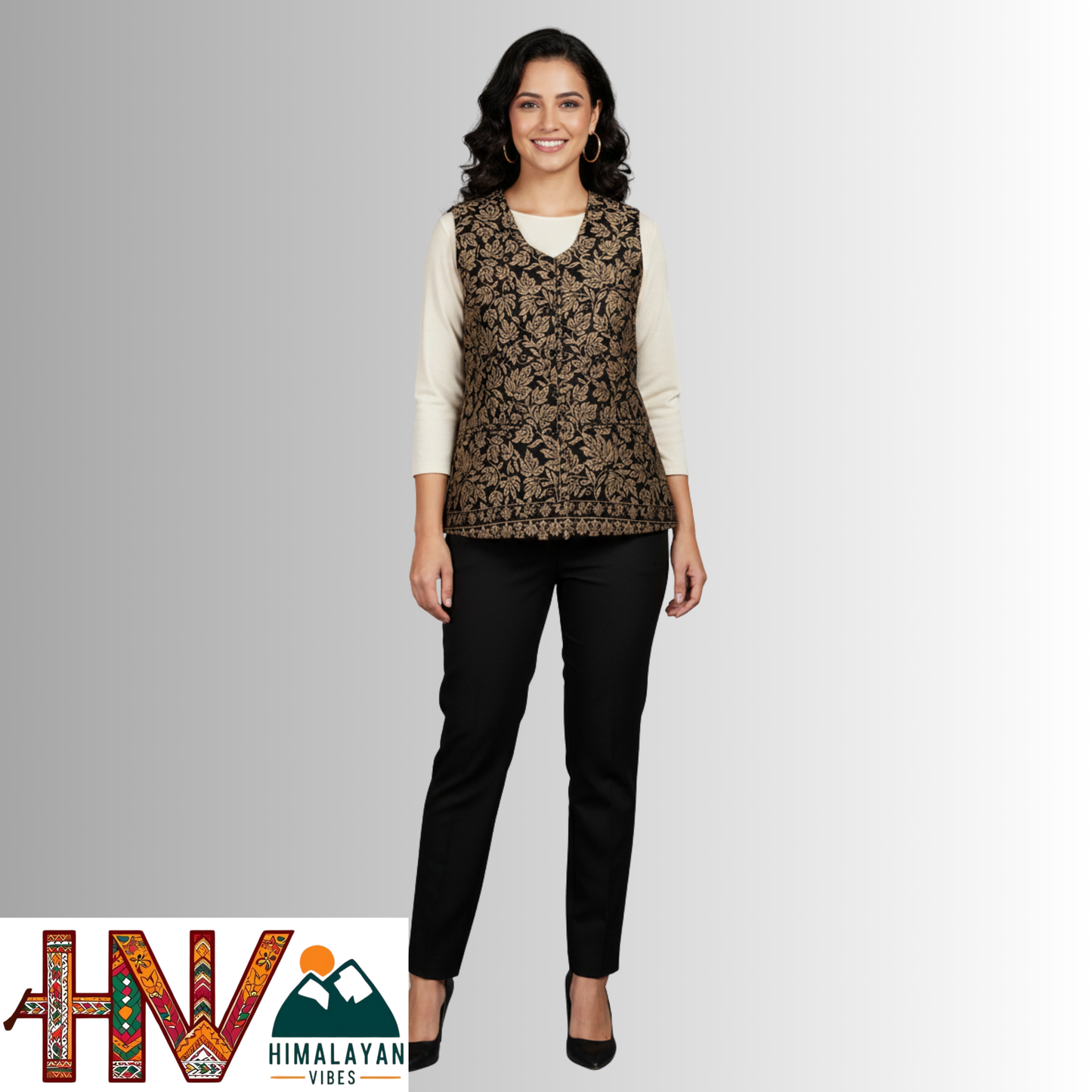 Women Shawl Black Color Himachali Sadri with floral pattern – Traditional Waistcoat by Himalayan Vibes