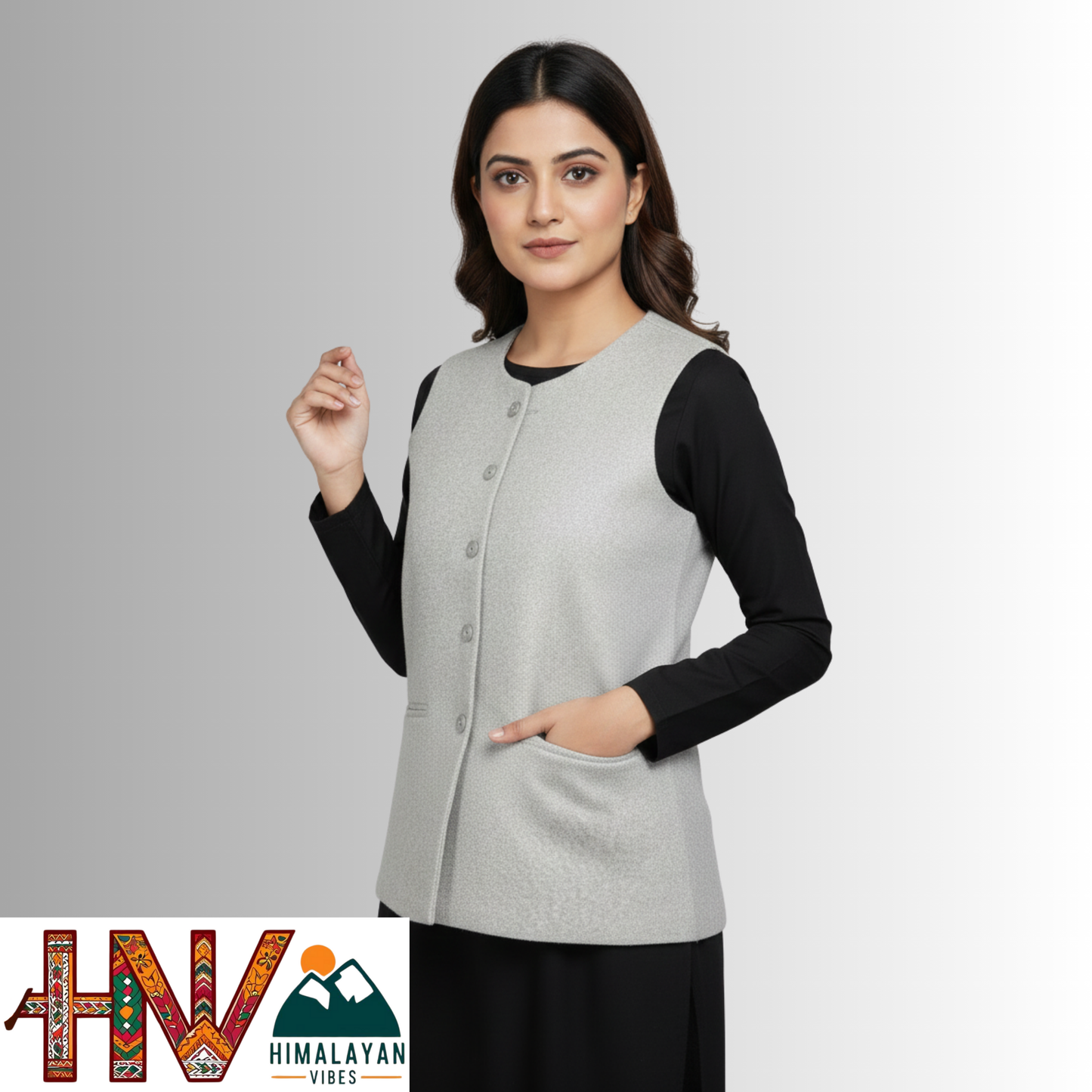 Himalayan Vibes Light Grey Women's Tweed Sadri - Sleeveless Nehru Jacket