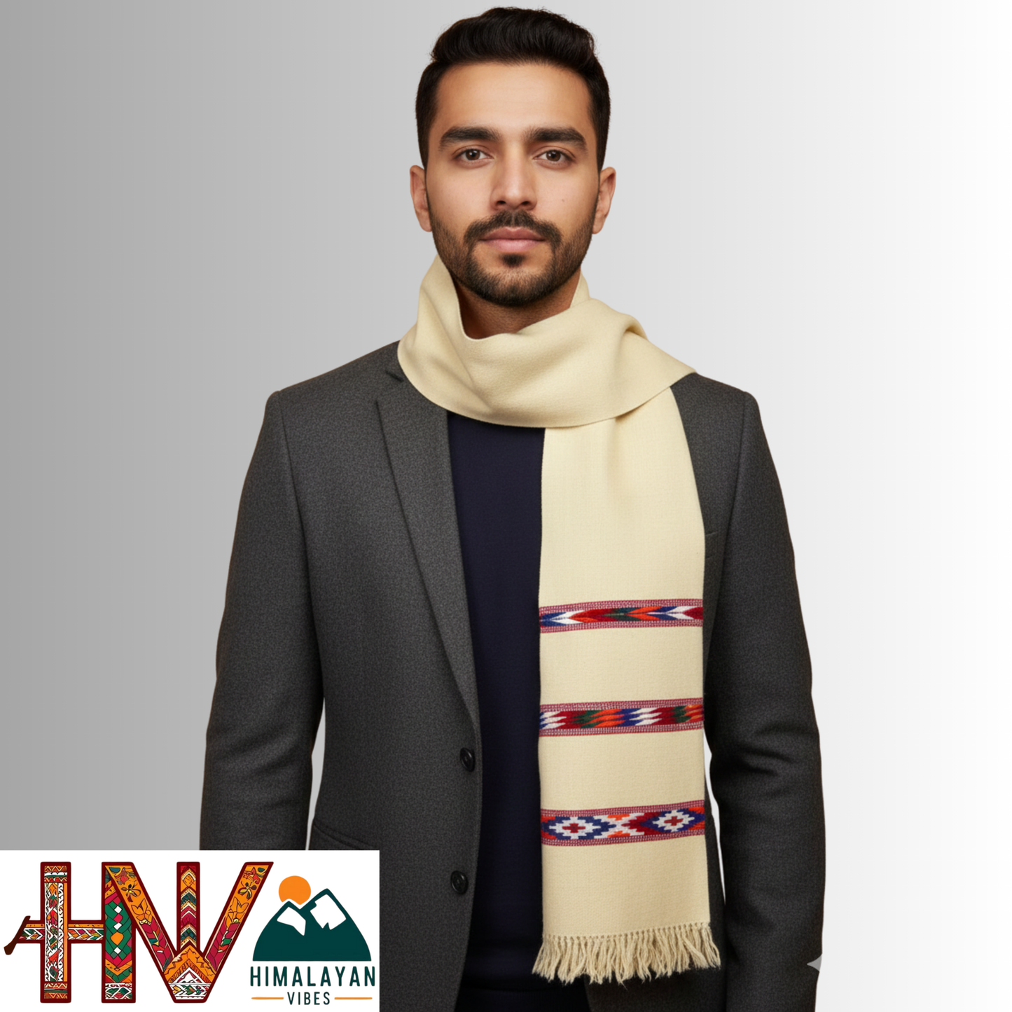 Handwoven Cream Woolen Muffler | Triple Kullu Patti Traditional Geometric Design By Himalayan Vibes