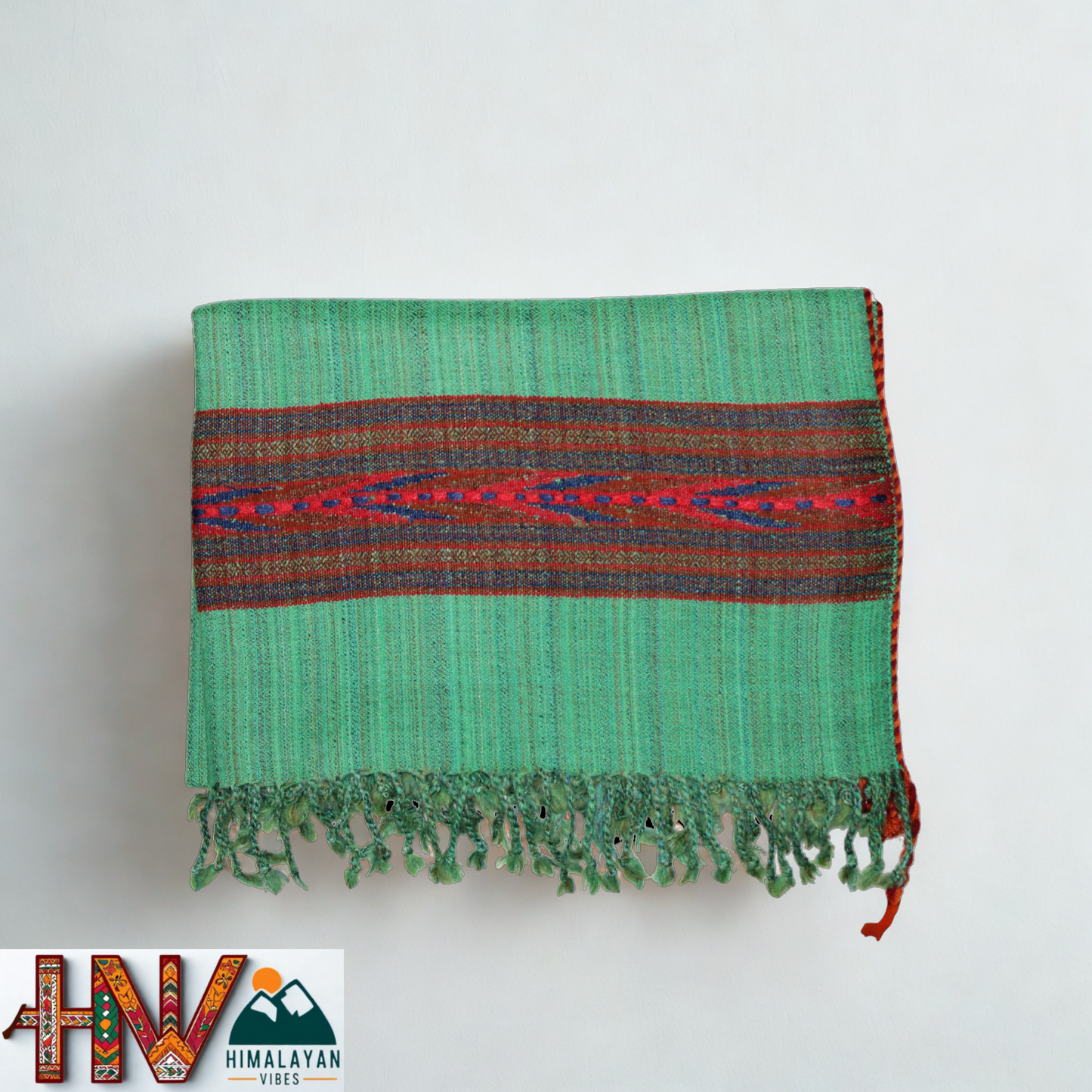 Handwoven Himalayan Green Wool Stole – Red & Blue Striped with Geometric Motif Border