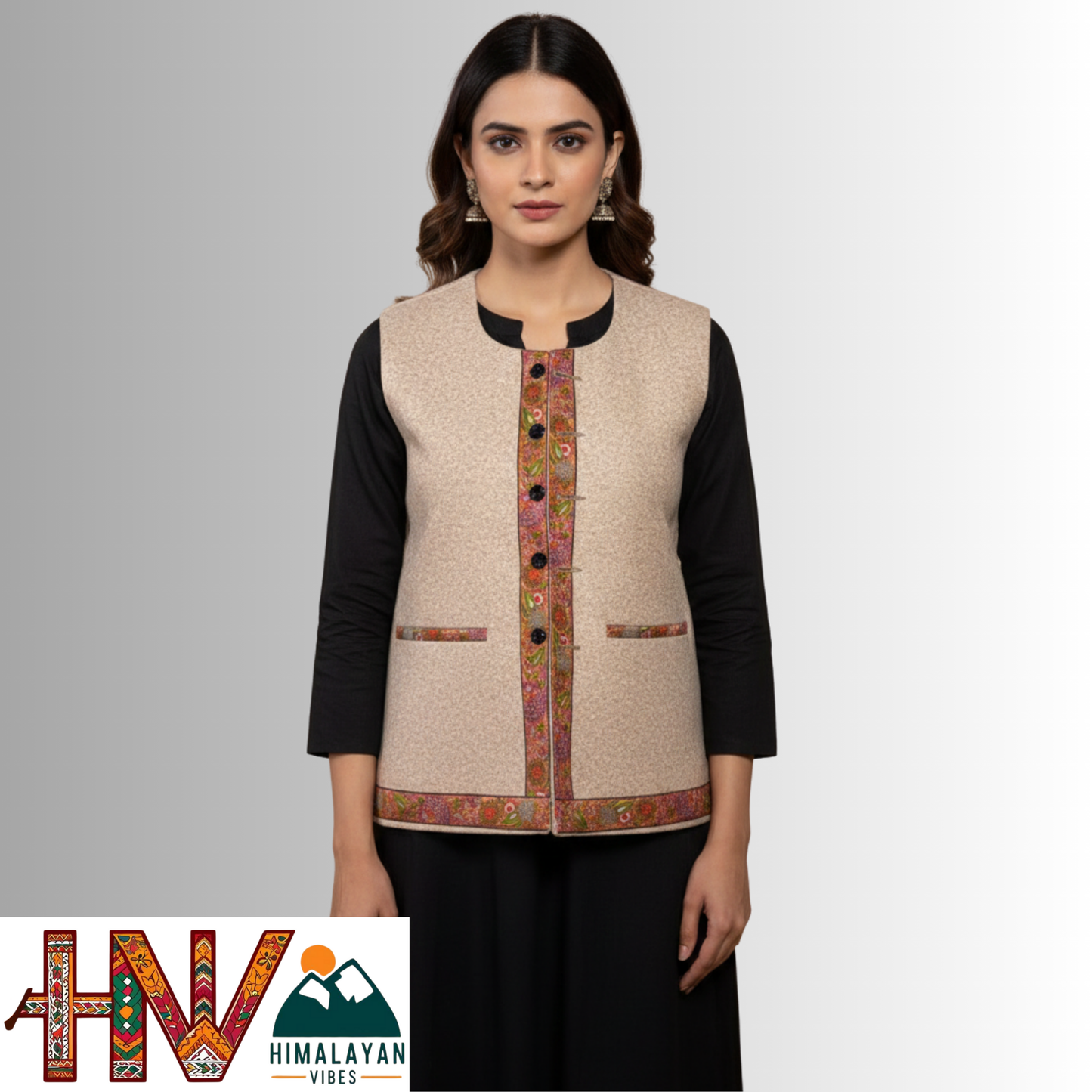 Himachali Cream Sadri with embroidered Lace for Women - Martin Fabric Ethnic Half Jacket with Pockets