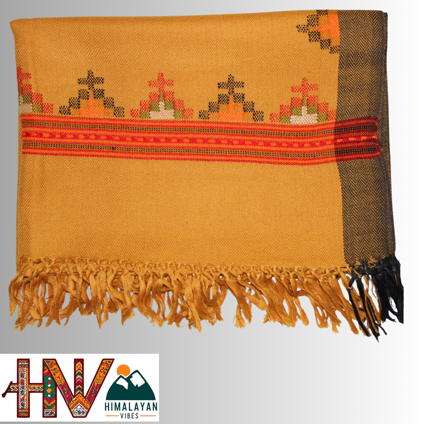 Handwoven Mustard Kullu Woolen Stole with Traditional Kullu Patti Geometric Motifs with black Border– Handwoven Elegance By Himalayan Vibes