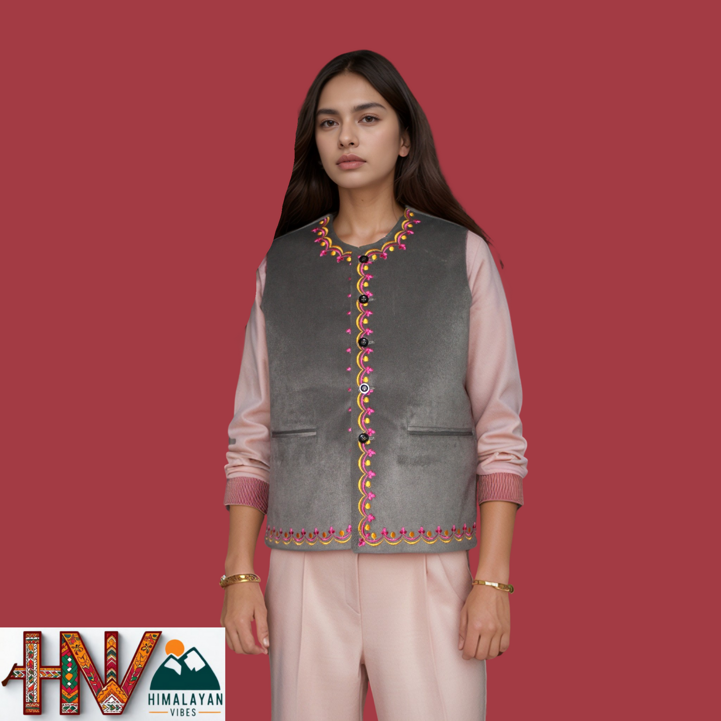 Hand-Embroidered Dark Grey Himachali Sadri (Jacket) for Women - Martin Fabric Ethnic Half Jacket with Pockets