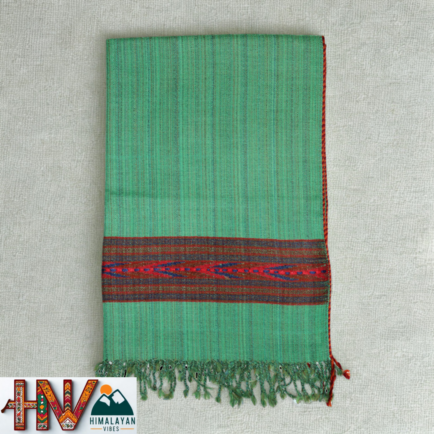 Handwoven Himalayan Green Wool Stole – Red & Blue Striped with Geometric Motif Border
