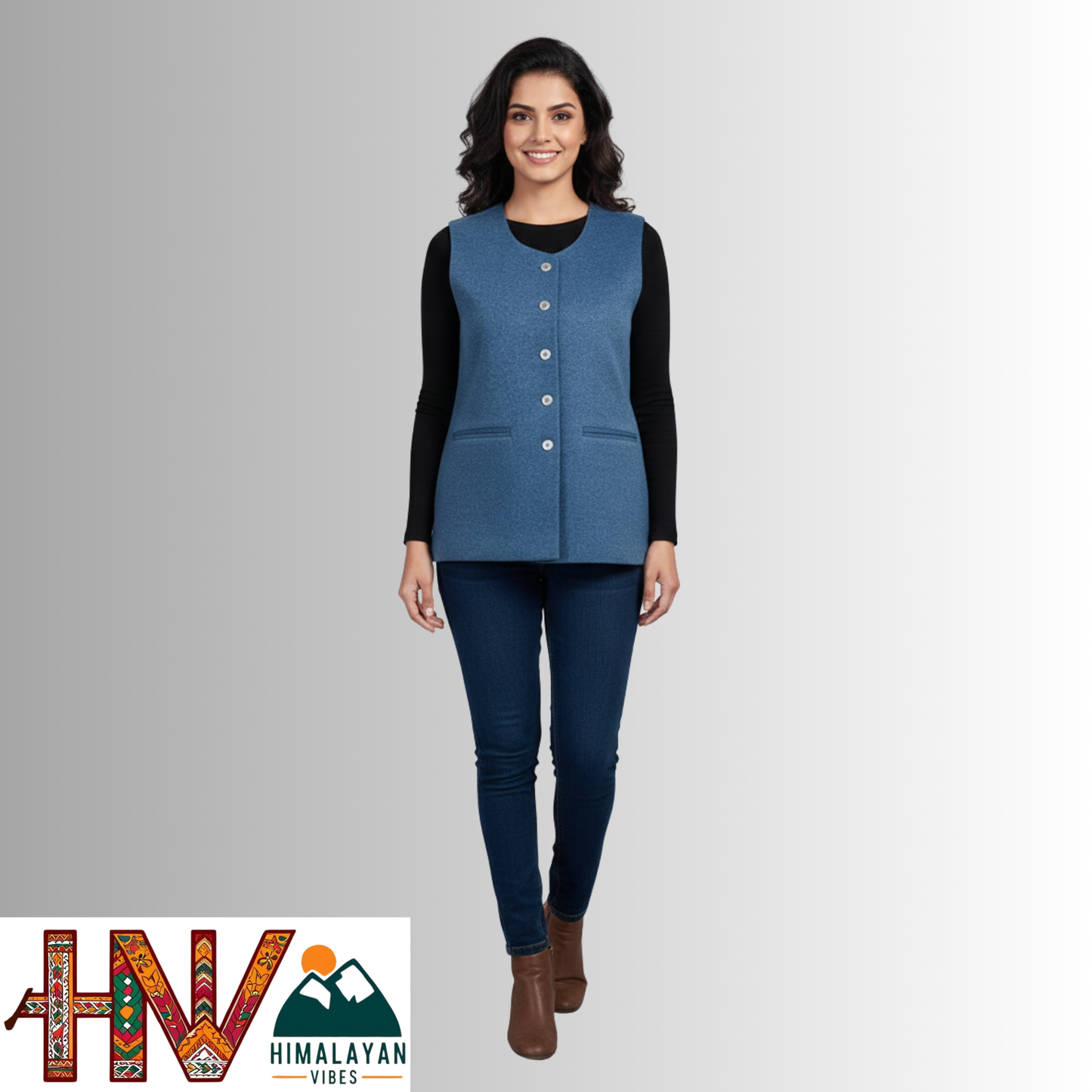 Himachali Plain Blue Sadri  for Women - Martin Fabric Ethnic Half Jacket with Pockets