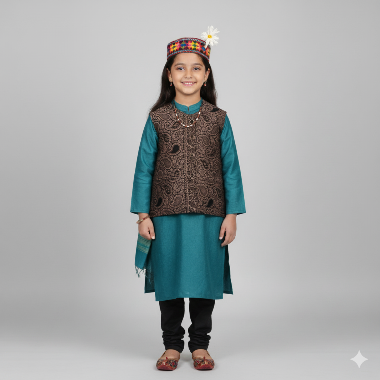 Kids Shawl Black Color Himachali Sadri with Dense floral pattern – Traditional Waistcoat by Himalayan Vibes