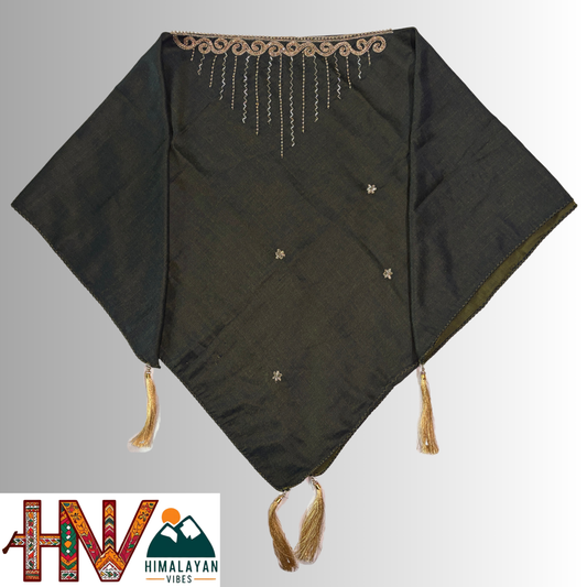 Handcrafted Himachali Dark Olive Green Dhatu with Golden Embroidery – A Unique Embroidered Head Scarf