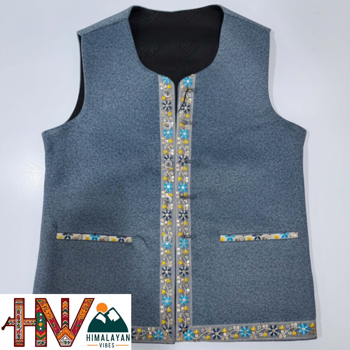 Himachali Light Blue Sadri with embroidered Lace for Women - Martin Fabric Ethnic Half Jacket with Pockets