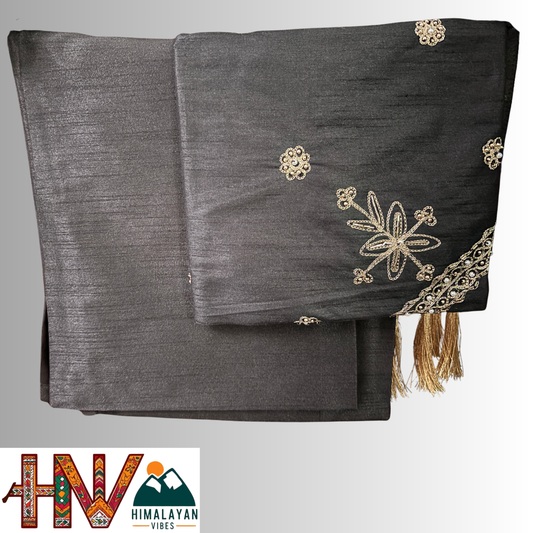 Himalayan Vibes black raw silk sadri & black embroidered brocade dhatu combo