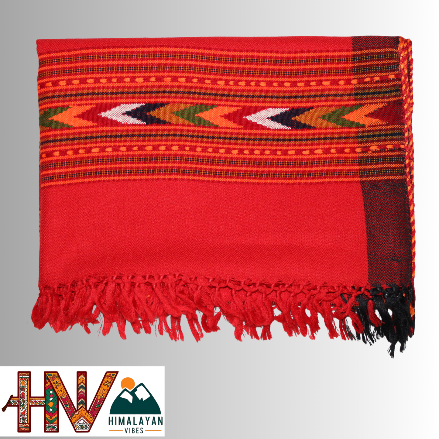 Handwoven red Kullu Woolen Stole with Traditional Kullu 3 Patti Design in Vibrant Red Border– Handwoven Elegance By Himalayan Vibes