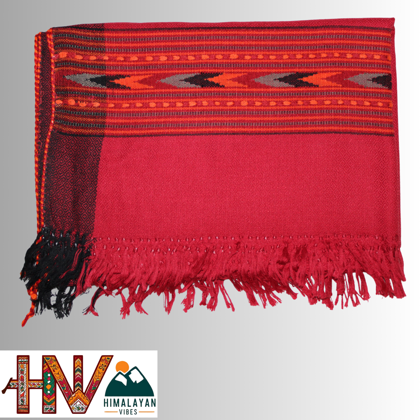 Handwoven Red Kullu Woolen Stole with Traditional Kullu Patti Design in Black and Red Border– Handwoven Elegance By Himalayan Vibes