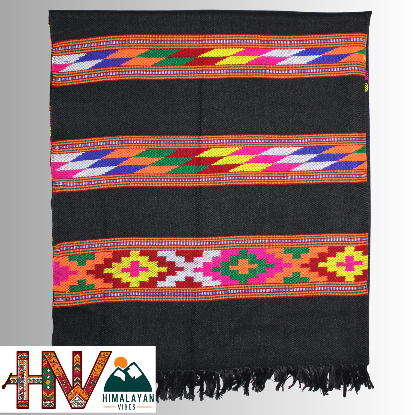 Handwoven Black Kullu Shawl – With Intricate Design 3 Patti & Traditional Himalayan Craftsmanship