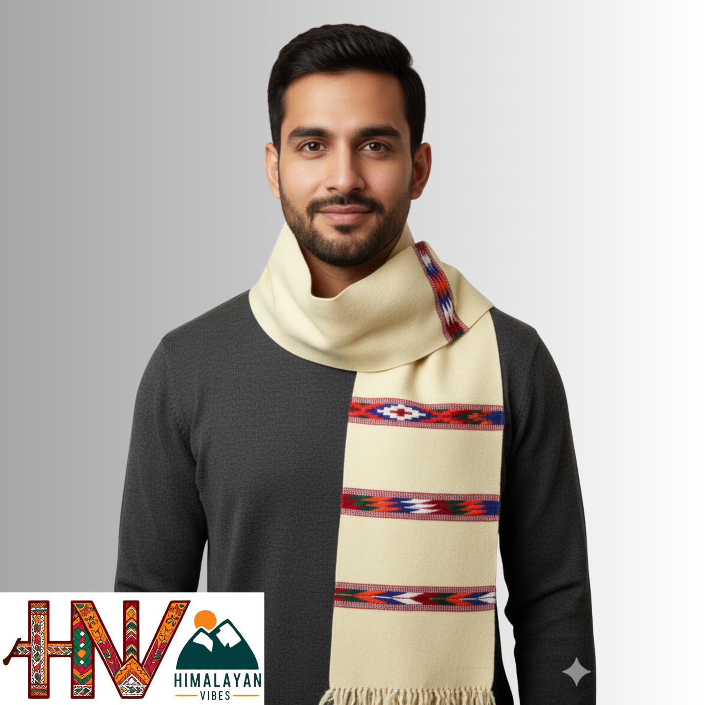 Handwoven Cream Woolen Muffler | Triple Kullu Patti Traditional Geometric Design By Himalayan Vibes
