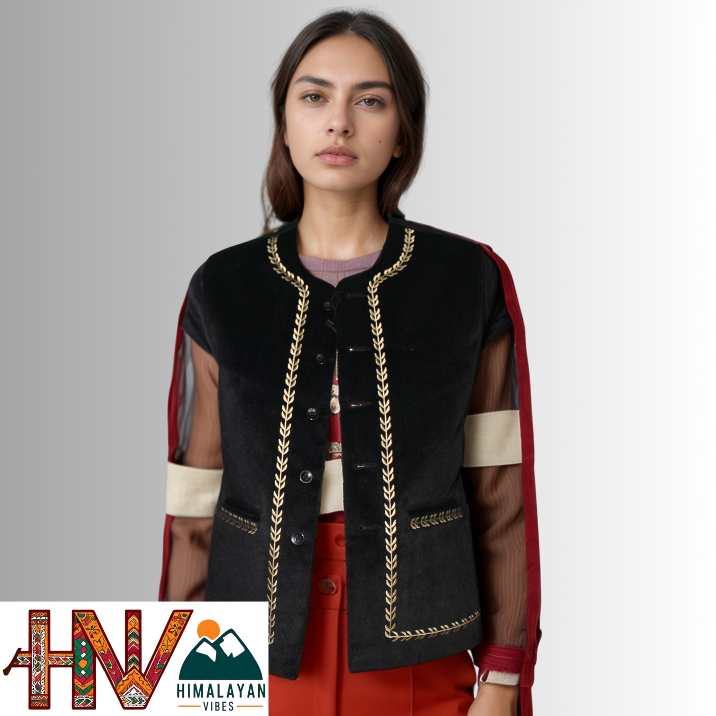 Handcrafted-Simple Embroidered Black Himachali Sadri (Jacket) for Women - Martin Fabric Ethnic Half Jacket with Pockets