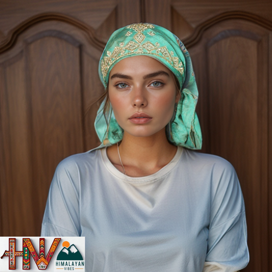 Handcrafted Himachali Sea Green Dhatu with Golden Embroidery – A Unique Embroidered Head Scarf