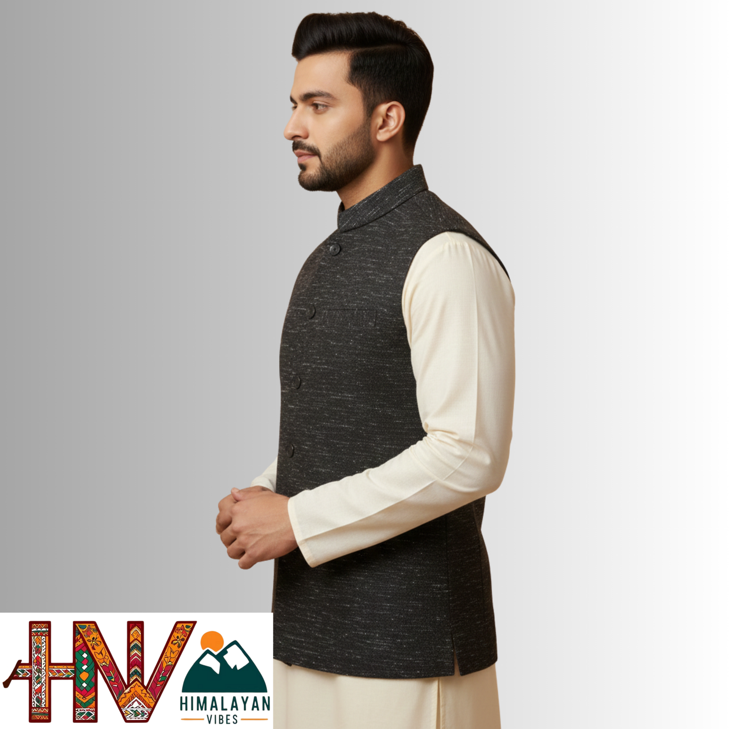 Handcrafted Himalayan Vibes Charcoal black Woolen Nehru Jacket for Men | Traditional Himachali Craft | Stylish Winter & Formal Wear