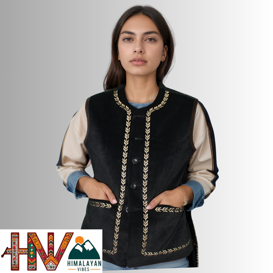 Handcrafted-Simple Embroidered Black Himachali Sadri (Jacket) for Women - Martin Fabric Ethnic Half Jacket with Pockets