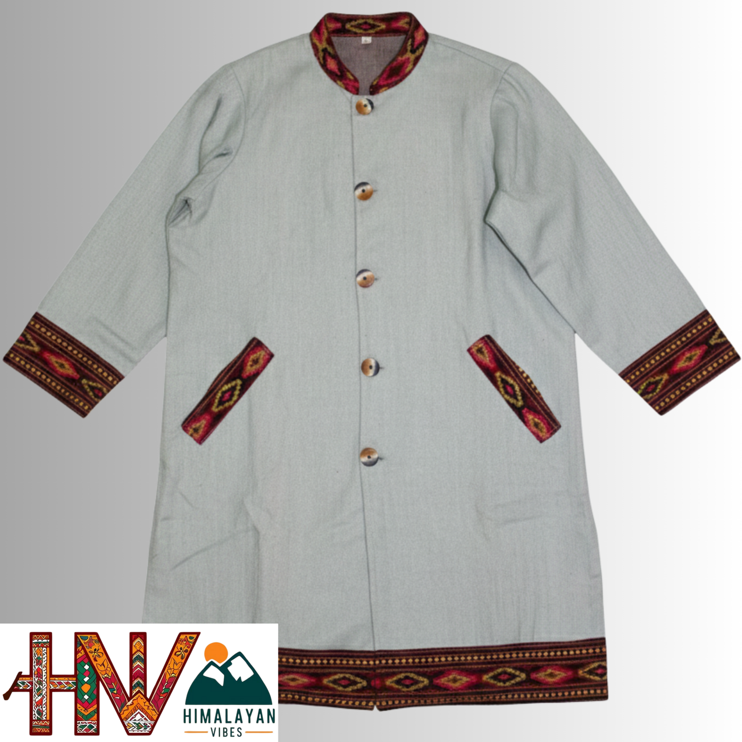 Himalayan Vibes Light Grey Woolen Long Jacket - Authentic Kullu Patti Trimmed Coat