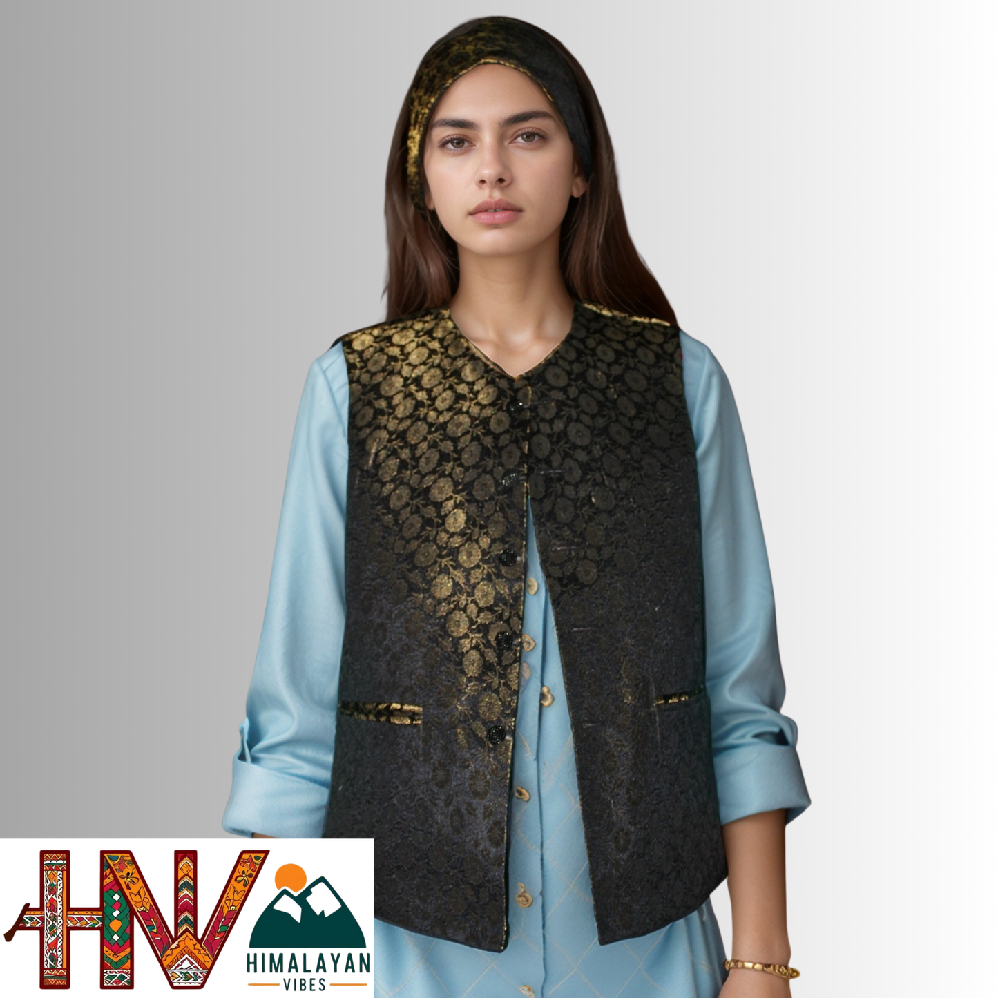 Himalayan Vibes Black Brocade Sadri and Dhatu Combo.