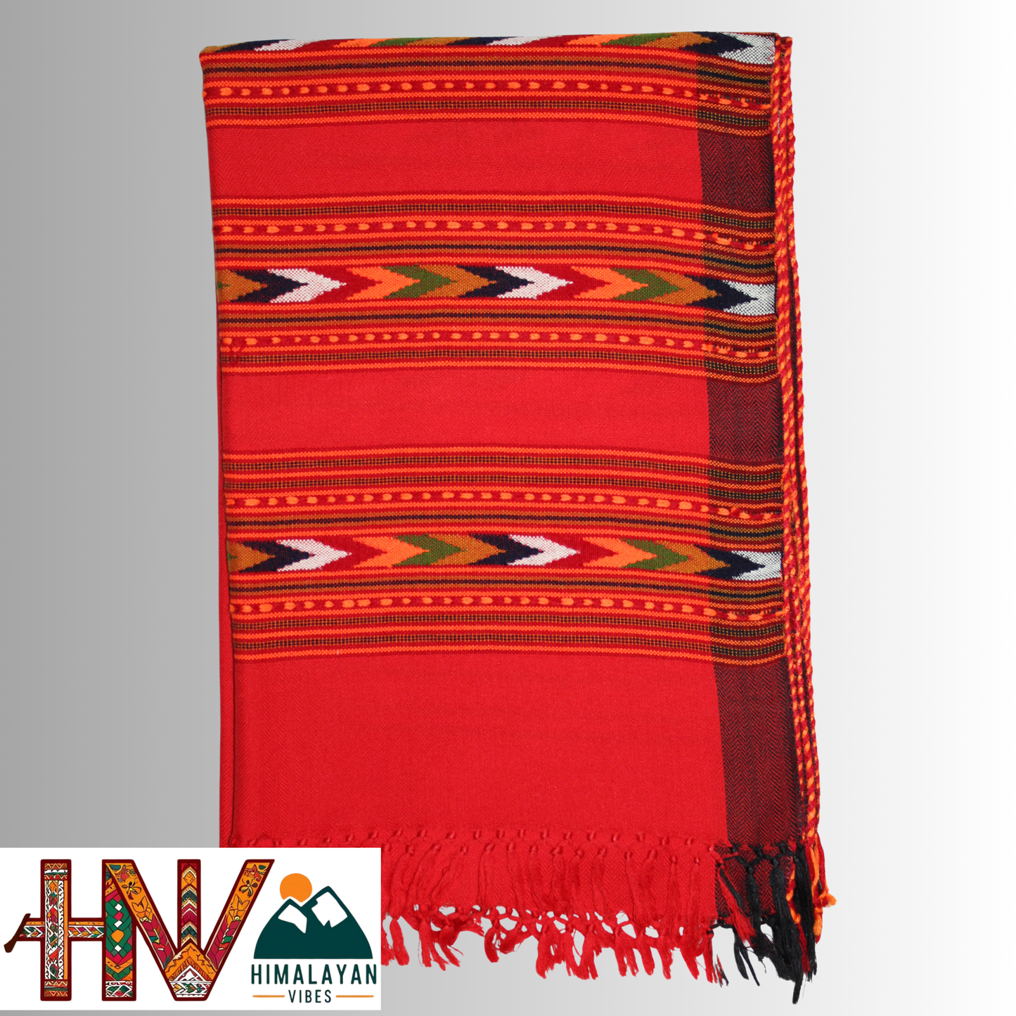 Handwoven red Kullu Woolen Stole with Traditional Kullu 3 Patti Design in Vibrant Red Border– Handwoven Elegance By Himalayan Vibes