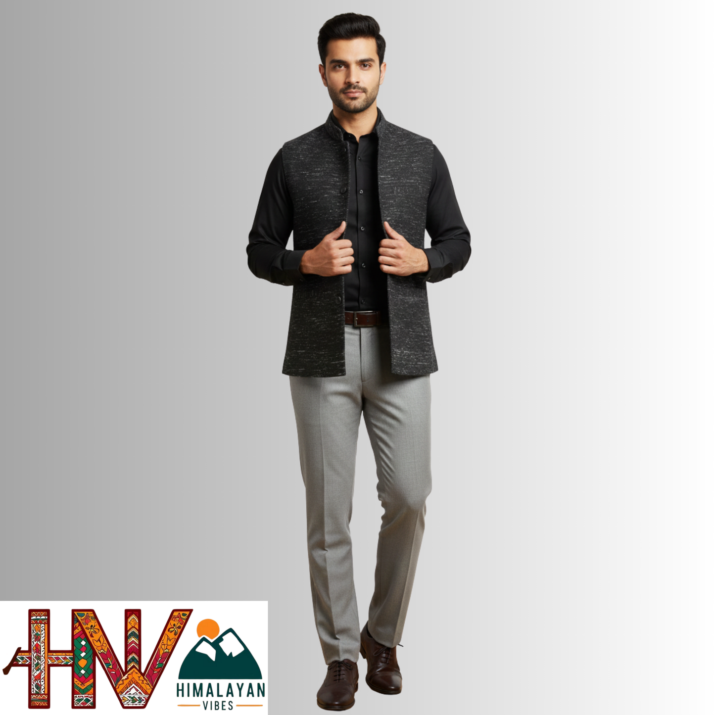 Handcrafted Himalayan Vibes Charcoal black Woolen Nehru Jacket for Men | Traditional Himachali Craft | Stylish Winter & Formal Wear