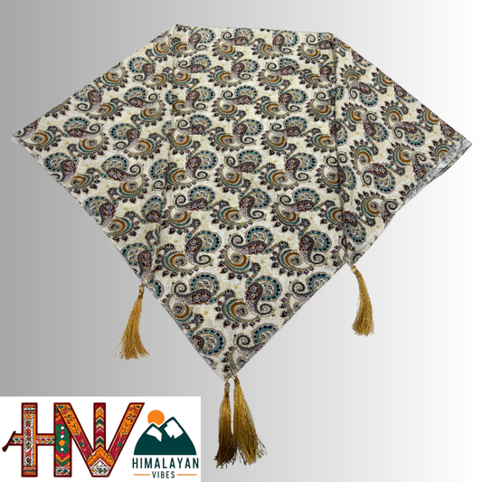 Himachali Dhatu Traditional Rayon Headscarf – Elegant Paisley Print with Golden Tassels