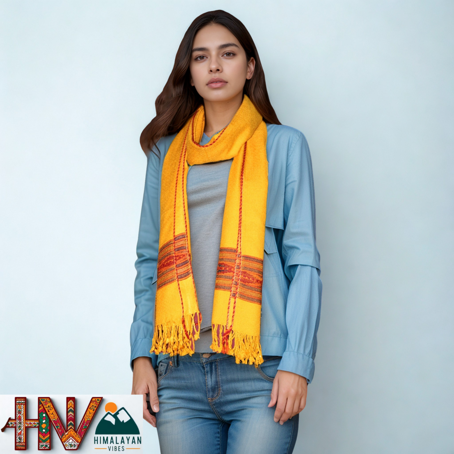 Handwoven Himalayan Orange Wool Stole – Red & Black Striped with Geometric Motif Border